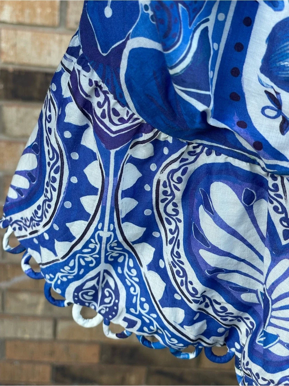 Farm Rio Tile Dream Short Sleeve Blouse Blue White Large